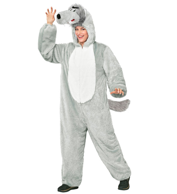Wolf jumpsuit dames grijs pluche onesie met witte buikplaat en wolfskop op de capuchon