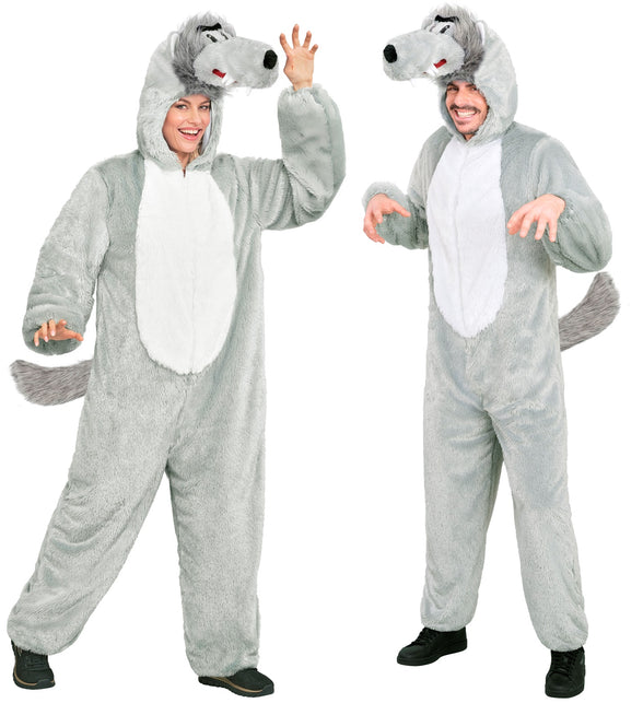 Wolf jumpsuit volwassenen in grijs pluche met witte buik, capuchon met wolfskop en staart, gedragen door dame en heer