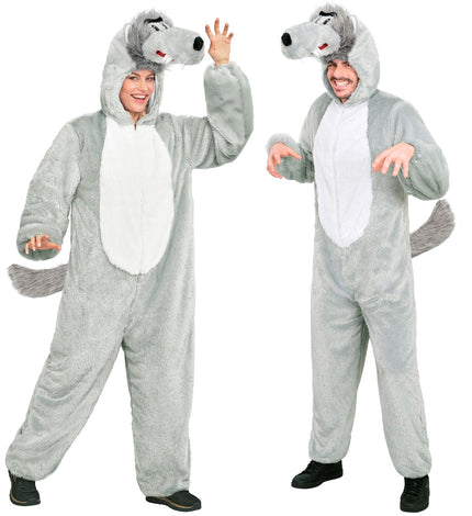 Wolf in zacht pluche jumpsuit voor volwassenen vooraanzicht – verkleedkleding