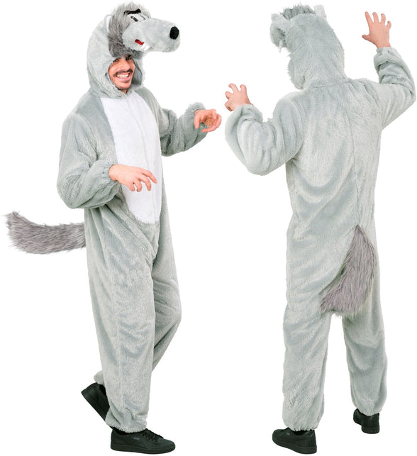 Wolf jumpsuit voor- en achterkant met staart onder de heup en wolfsoren op de capuchon