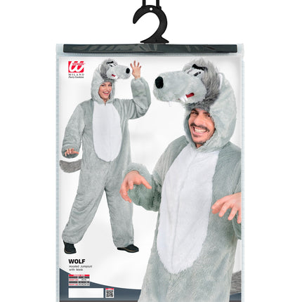 Wolf in zacht pluche jumpsuit voor volwassenen sfeerbeeld – verkleedkleding