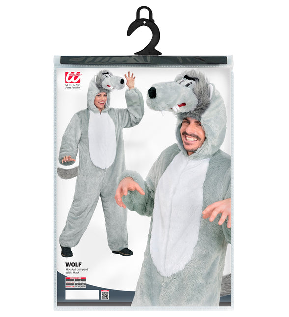 Wolf jumpsuit volwassenen in verpakking met maatoverzicht en masker, van Widmann