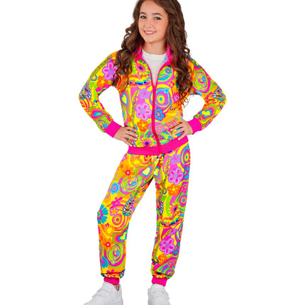 Neon groovy love hippie party fashion trainingspak colbert voor kinderen achterkant – verkleedkleding