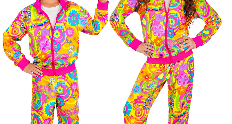 Neon groovy love hippie party fashion trainingspak colbert voor kinderen vooraanzicht – verkleedkleding