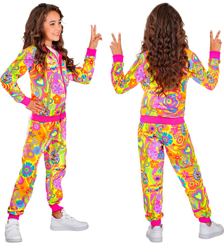 Hippie trainingspak kinderen zij- en achteraanzicht met doorlopende neonprint