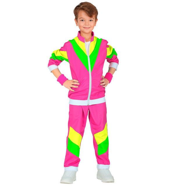 Neon trainingspak jongen met roze jasje, witte rits en gele V-vlakken op de schouders