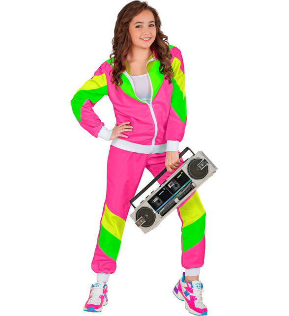 Jaren 80 trainingspak meisje, roze broek met groene neonvlakken en witte enkelboorden