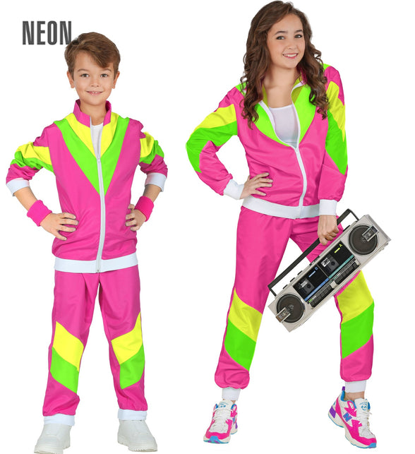 Jaren 80 trainingspak kinderen in neonroze met groene en gele vlakken, jasje en broek