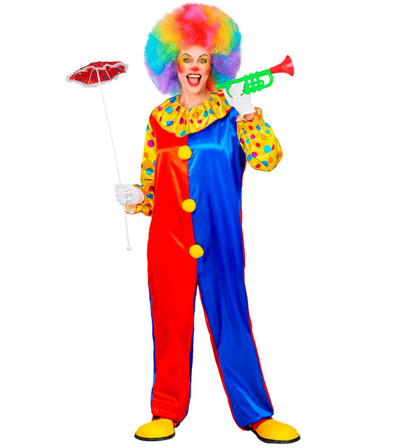 Clown jumpsuit dames rood-blauw met wijde broekspijpen voor carnaval