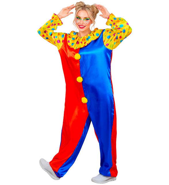 Clown jumpsuit volwassenen vooraanzicht met drie gele pompons en glanzende polyester stof