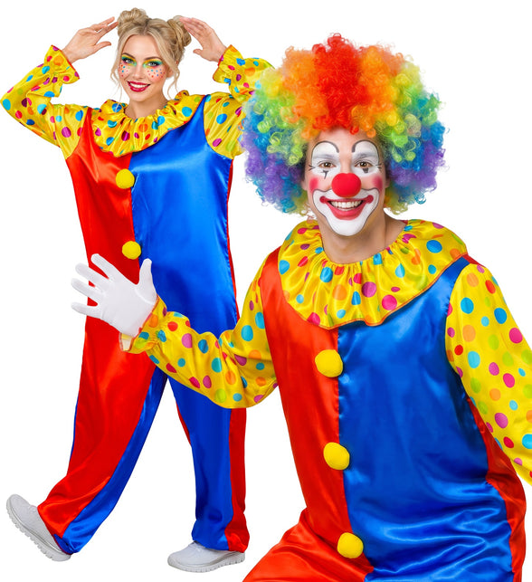 Clown jumpsuit volwassenen in rood en blauw met gele stippenmouwen, gedragen door dame en heer