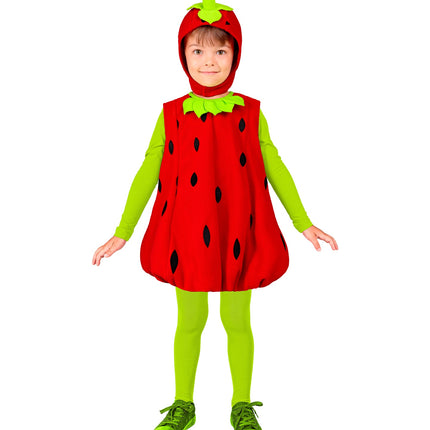 Aardbeienpakje kind met groen steeltje op het hoofddeksel, gedragen over een groene maillot