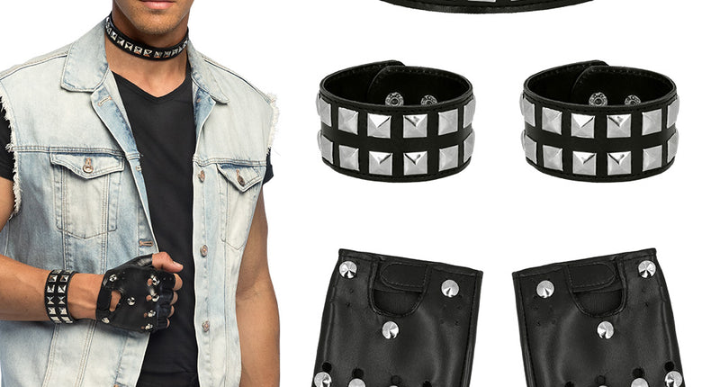 Accessoireset punk spikes 80s met halsband, twee armbanden en vingerloze handschoenen voor een jaren 80-feest