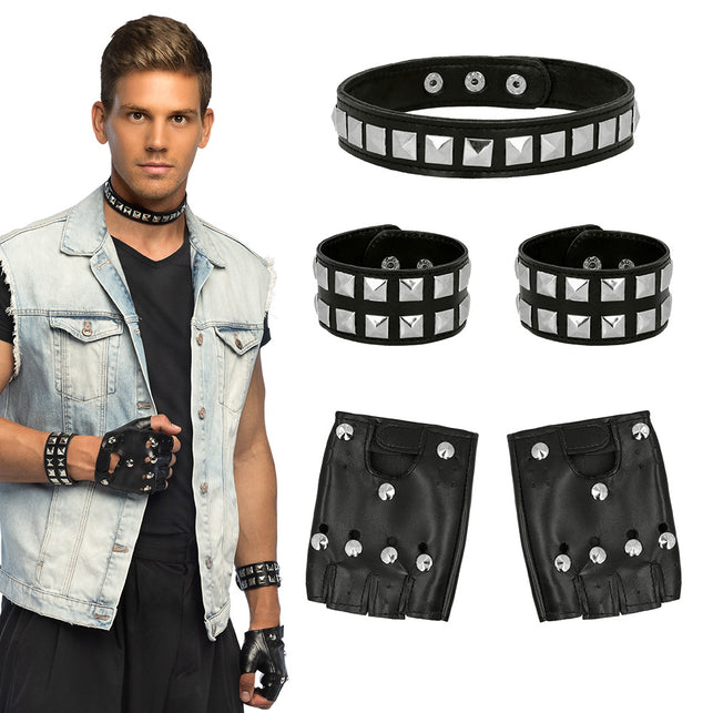 Accessoireset punk spikes 80s met halsband, twee armbanden en vingerloze handschoenen voor een jaren 80-feest