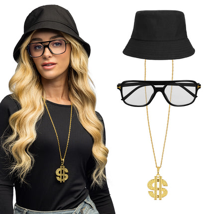 Accessoireset rapper hip hop met zwarte vissershoed, zwarte partybril en gouden dollarketting los en gedragen
