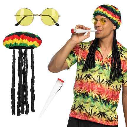 Accessoireset Rasta Reggae Jamaica met gestreepte muts, dreadlocks, gele bril en nepsigaret, los en gedragen