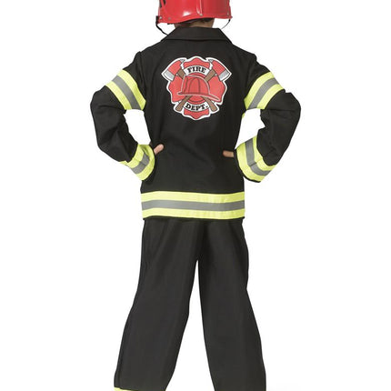 Achterkant van het brandweerman pak Fred met groot FIRE DEPT.-embleem met helm en bijlen op de jas