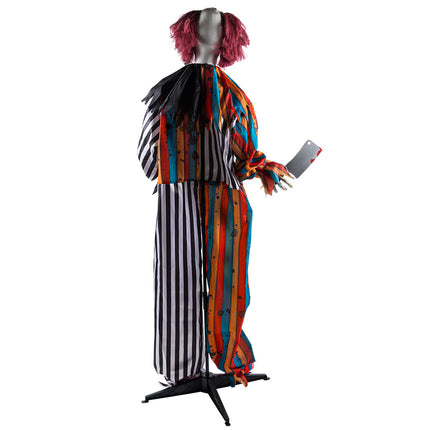 Achterkant van de Clown Butcher decoratie met rood haar, gerafelde kraag en standaard op kruisvoet