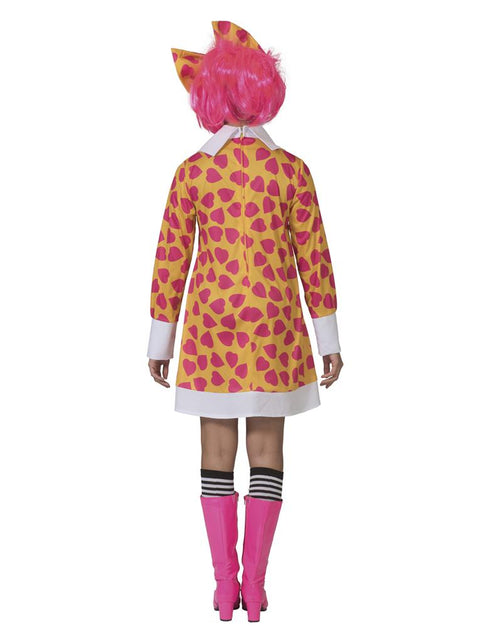 Achterkant van het clown kostuum Ciolina dames met witte kraag, witte zoomband en hartjesprint over de hele jurk