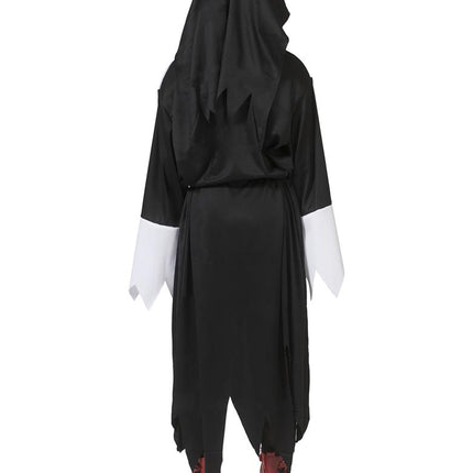 Achterkant van het Devil Nun nonnenkostuum met lange zwarte kap en gepunte onderzoom