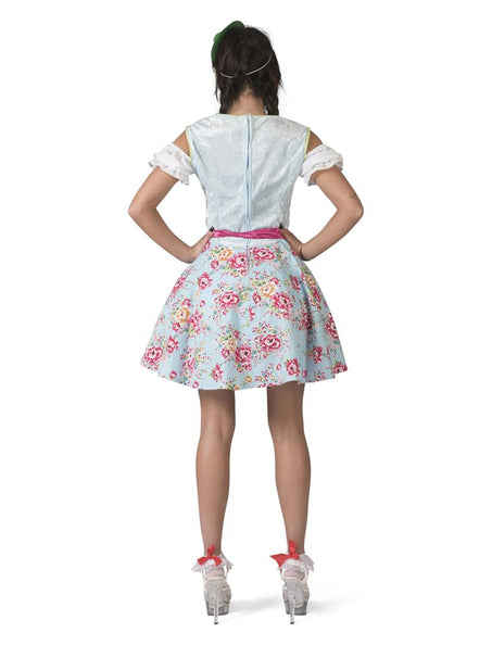 Achterkant van de dirndl Hilda dames: effen lichtblauw lijfje met rits en een rok vol roze bloemen