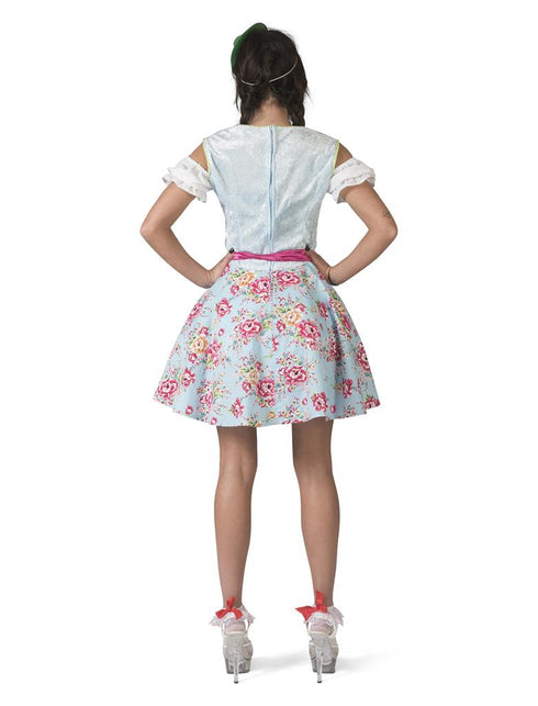 Achterkant van de dirndl Hilda dames: effen lichtblauw lijfje met rits en een rok vol roze bloemen