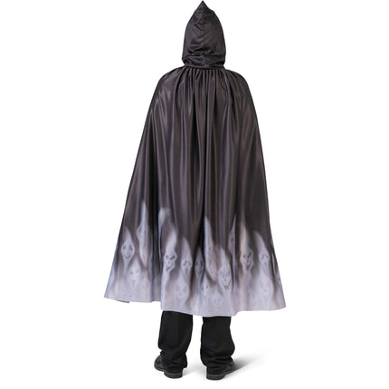 Achterkant geesten cape met wijde val en oplopende spookgezichten op de onderrand