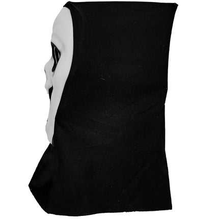 Achterkant van het geestmasker met kap, zwarte stoffen kap die het hoofd bedekt