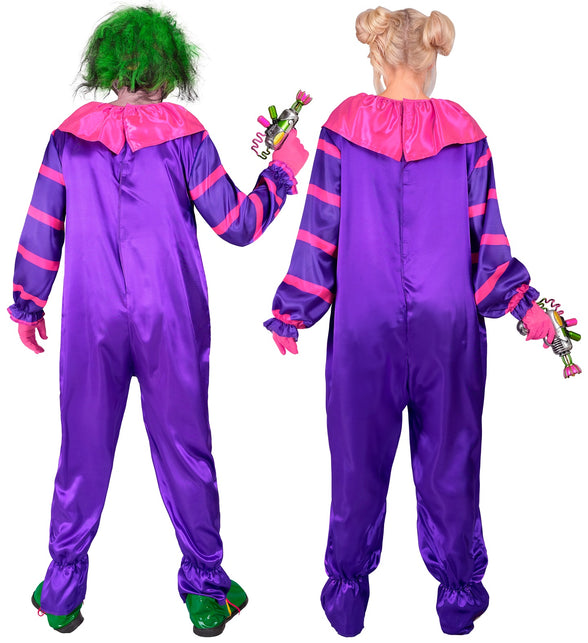 Achterkant van de horror clown jumpsuit met roze schouderkraag en sluiting over de volle rug