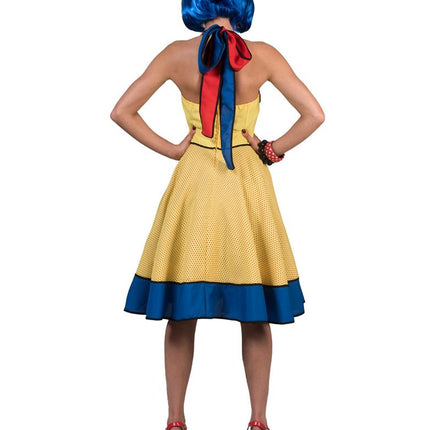 Achterkant van de jurk Pop art kostuum met in de nek gestrikt rood-blauw halterbandje