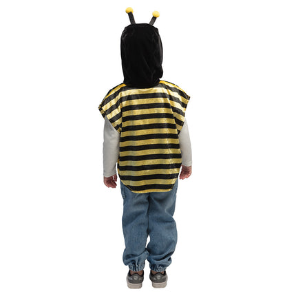 Achterkant kinderponcho honingbij met doorlopende zwart-gele strepen en zwarte capuchon