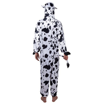 Achterkant koe onesie met staart met zwarte kwast en capuchon met oortjes