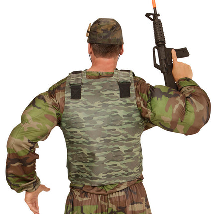 Achterkant van het kogelwerend vest camouflage met twee klittenbandbanden op de schouders