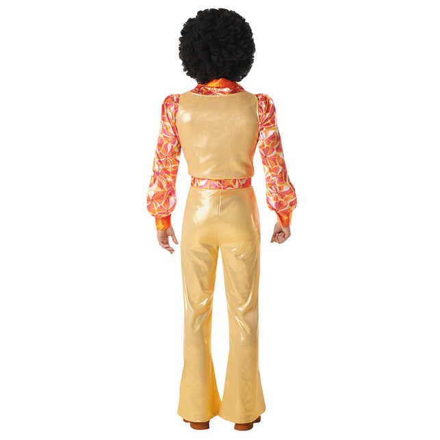 Achterkant kostuum Funky king heren: gouden top, riem met bloemenprint en wijd uitlopende broek