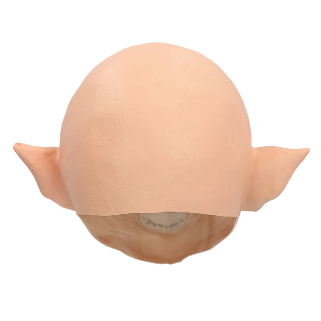 Achterkant van het latex hoofdmasker Ghoul met gladde kale schedel en uitstekende puntoren