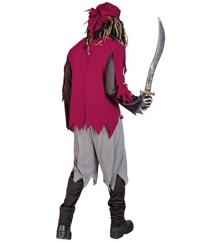 Achterkant piraat skelet kostuum Jack met bordeauxrood vest in punten en grijze broek