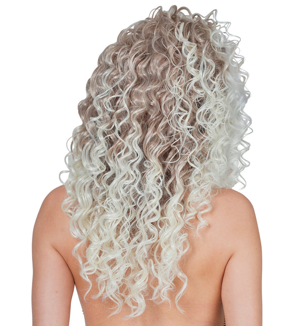 Achterkant pruik supercurls dames met kleurverloop van asblond naar lichte krulpunten