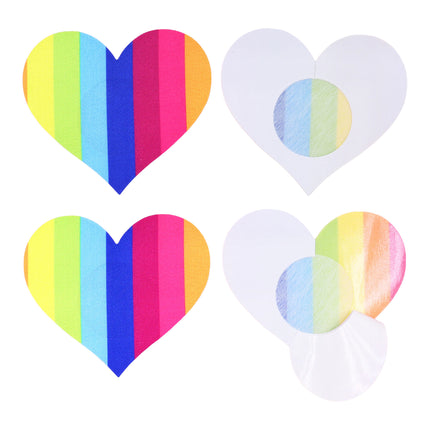 Voor- en achterkant van de regenboogharten met rond plakvlak en beschermfolie