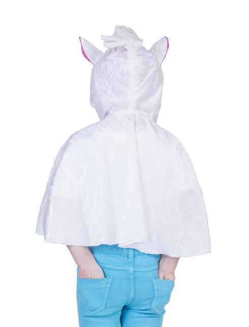 Achterkant van de unicorn regenboog cape kinderen: effen witte rug met kap en oren