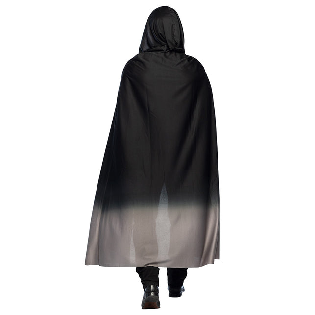 Achterzijde cape Fade zwart/grijs met opstaande kap en vloeiende grijze onderzoom