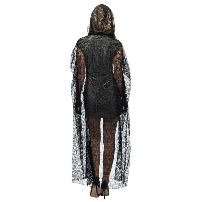 Achterzijde van de cape Midnight fiesta met doorschijnend doodskop- en webpatroon voor Halloween