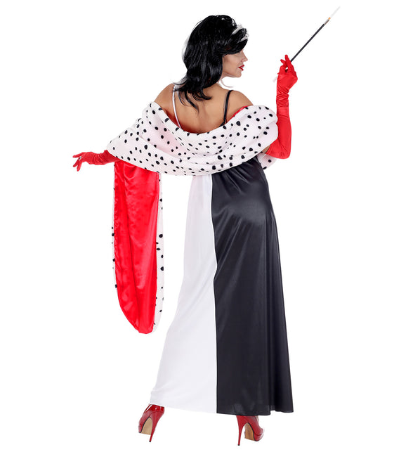 Achterzijde Cruella kostuum dames: witte cape met zwarte stippen en rode satijnen voering