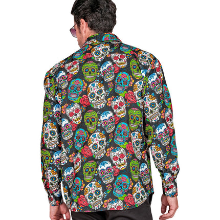 Achterzijde van het day of the dead shirt Skully met doorlopende schedelprint op rug en mouwen