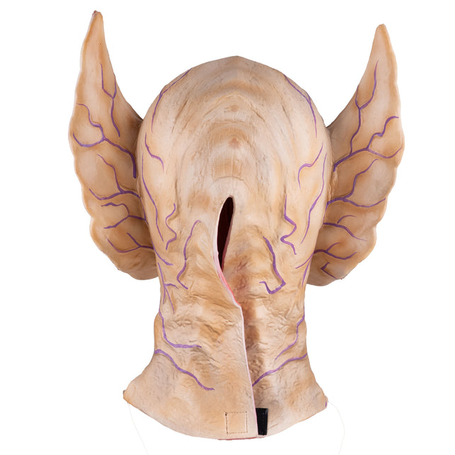Achterzijde duivels masker met open sluiting in de nek en paarse aderprint