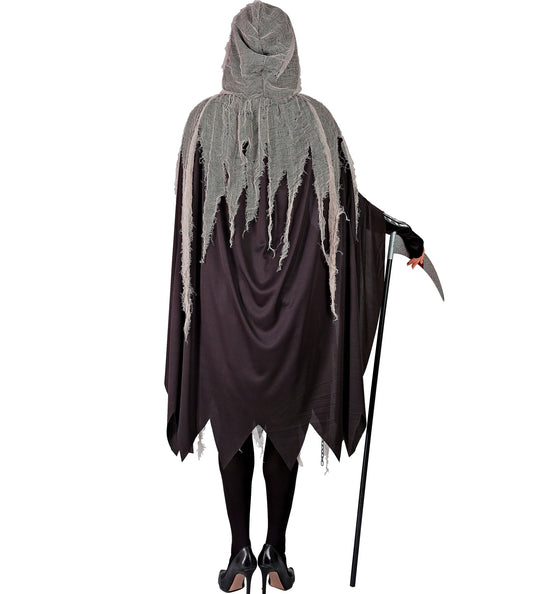 Achterzijde grimreaper kostuum dames met gerafelde grijze gaascape en punten onderaan