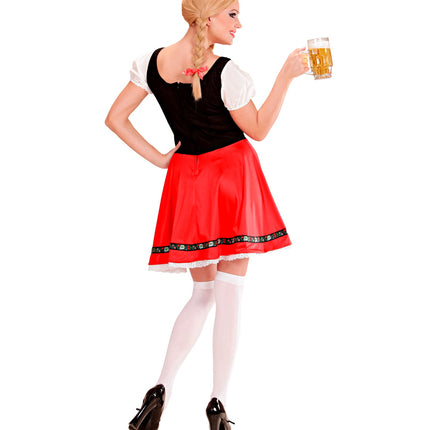 Achterzijde van het Heidi dirndl jurkje met rood strikje en sluiting op de rug