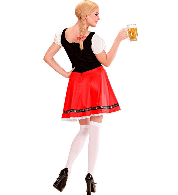 Achterzijde van het Heidi dirndl jurkje met rood strikje en sluiting op de rug