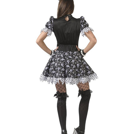 Achterzijde heksen kostuum Candy dames met zwart lijfje, elastische taille en bedrukte klokrok