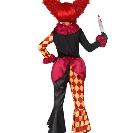 Achterzijde horror clown kostuum Sara meisjes met geruite broekpijp en zwarte broekpijp