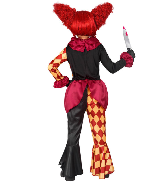 Achterzijde horror clown kostuum Sara meisjes met geruite broekpijp en zwarte broekpijp
